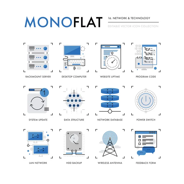 Netzwerktechnologie-Monoflat-Symbole — Stockvektor