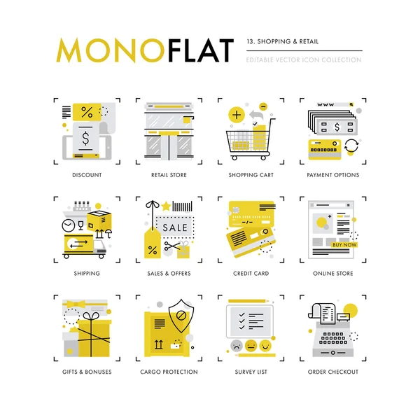 Vendita al dettaglio e shopping Icone Monoflat — Vettoriale Stock