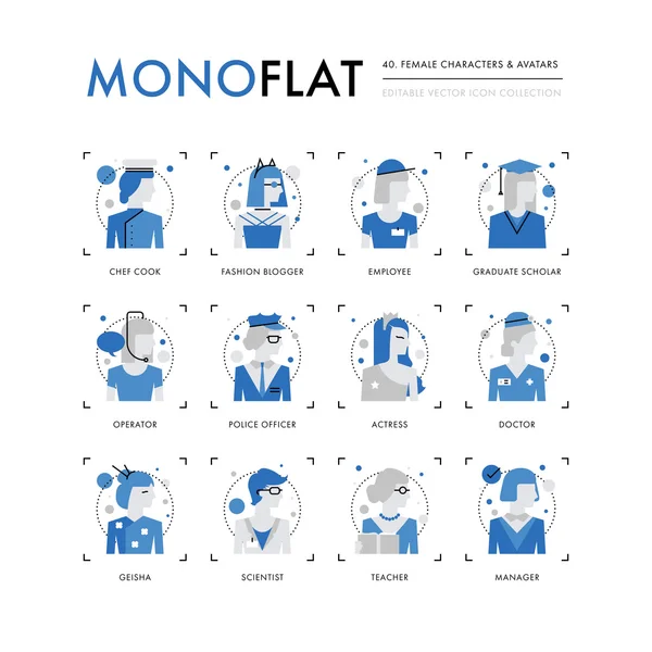 Icônes de personnages féminins — Image vectorielle