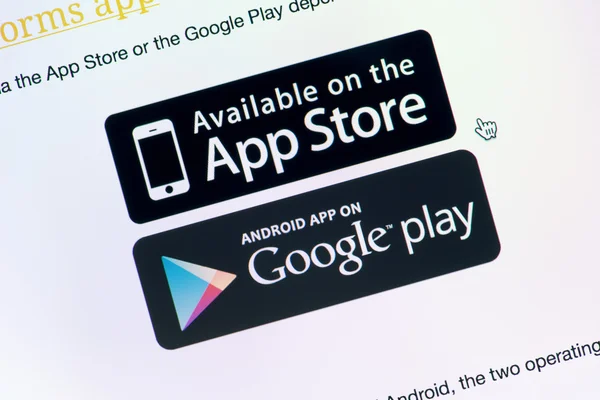 Доступних на App Store і Google Play — стокове фото