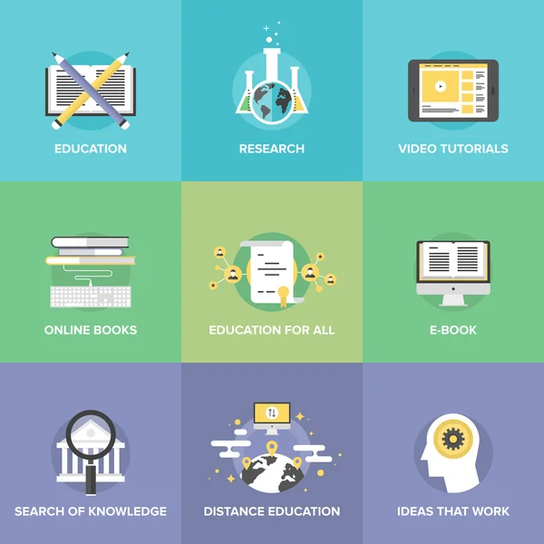 Ensemble d'icônes plates d'enseignement à distance — Image vectorielle