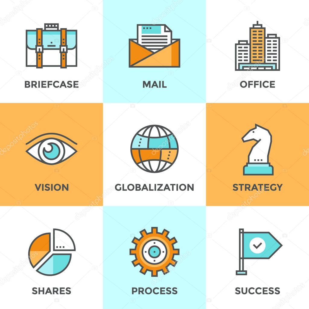 Line icons set with flat design elements of business effective solution, success tactics and strategy decision, globalization and internet communication.
