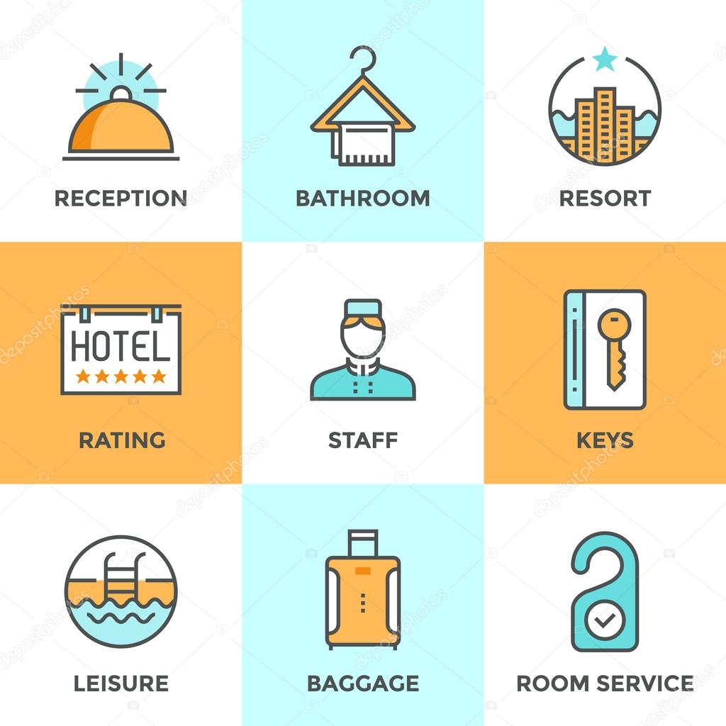Line icons set with flat design elements of hotel services and luxury resort accommodation, reception bell, room keys, leisure activity, tourist baggage.