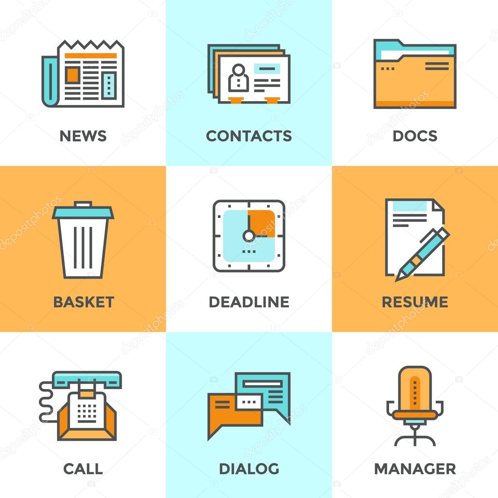 Line icons set with flat design elements of office management process, business organization, selection of human resources and corporate contacts.