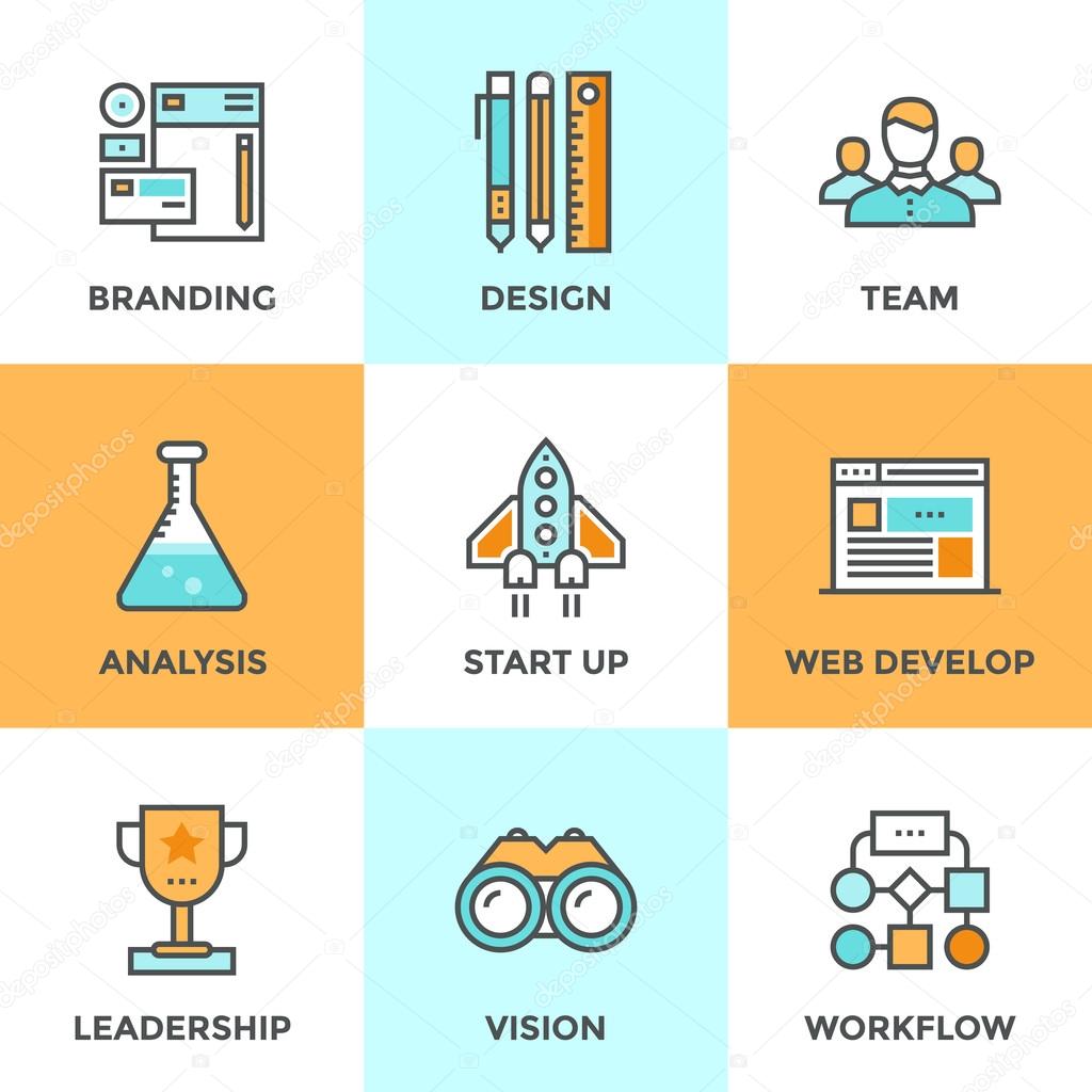 Line icons set with flat design elements of success startup of new product, agency planning and workflow, market analysis, business process development.