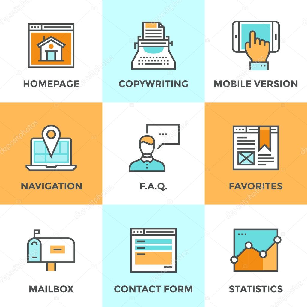 Line icons set with flat design of website main elements and page features, web site mobile version, navigation pin, contact form and internet analytics.