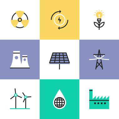 Yenilenebilir enerji üretim piktogram Icons set