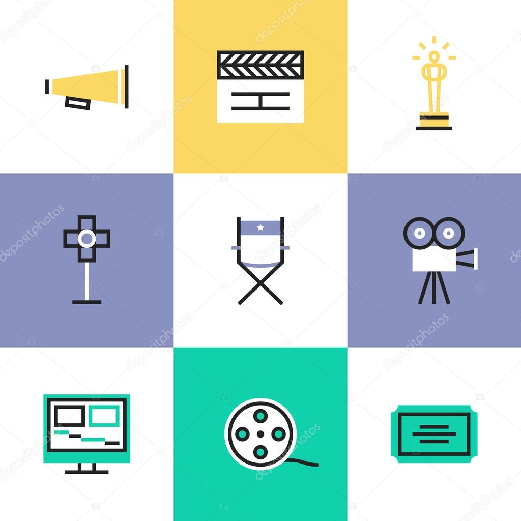 Flat line icons of video production and media post-production, award winning film making, movie director tools and objects.