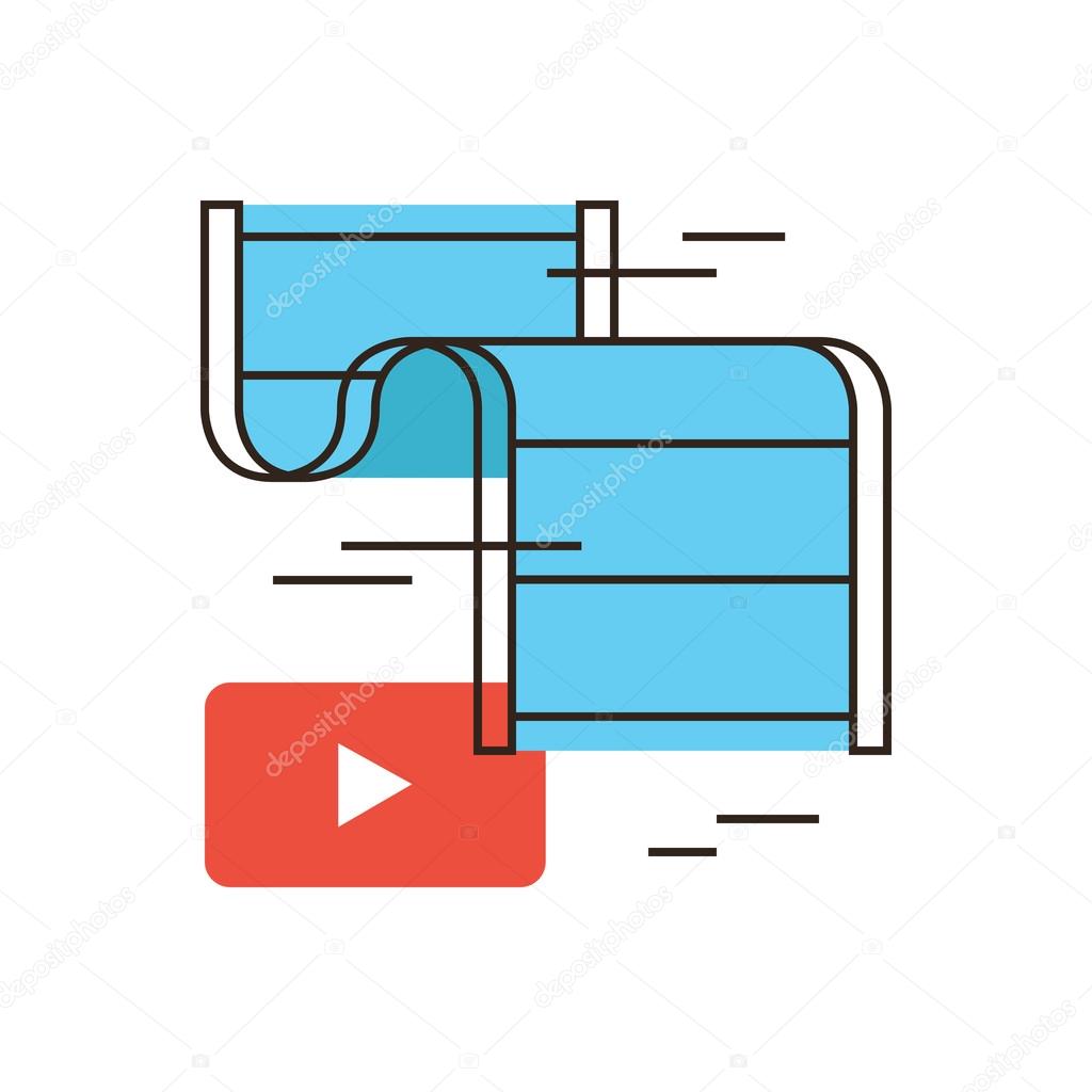 Thin line icon with flat design element of button play, live stream, video player, media clip, watch film, reel of film, demonstration filmstrip. Modern style logo vector illustration concept.