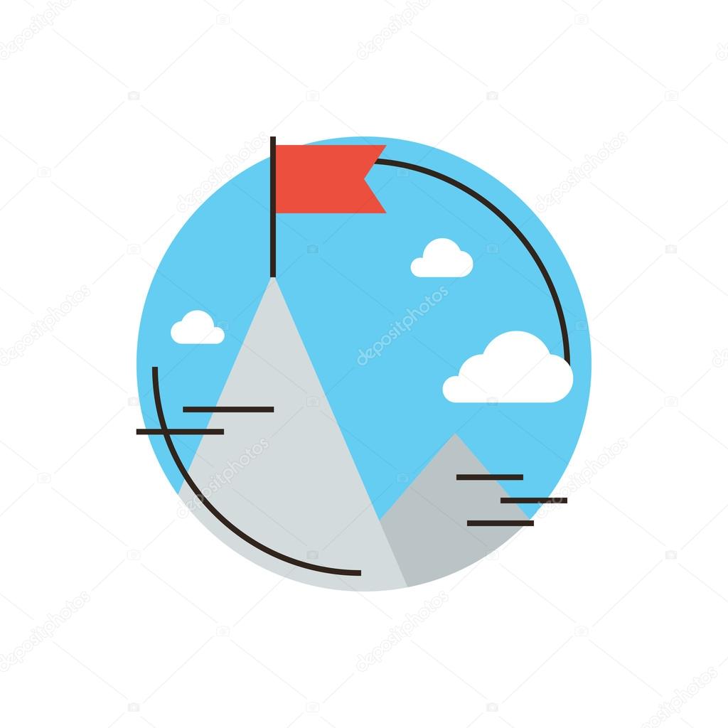 Thin line icon with flat design element of success business goal, flag at mountain peak top, challenge achievement, successful leadership of mission. Modern style logo vector illustration concept.