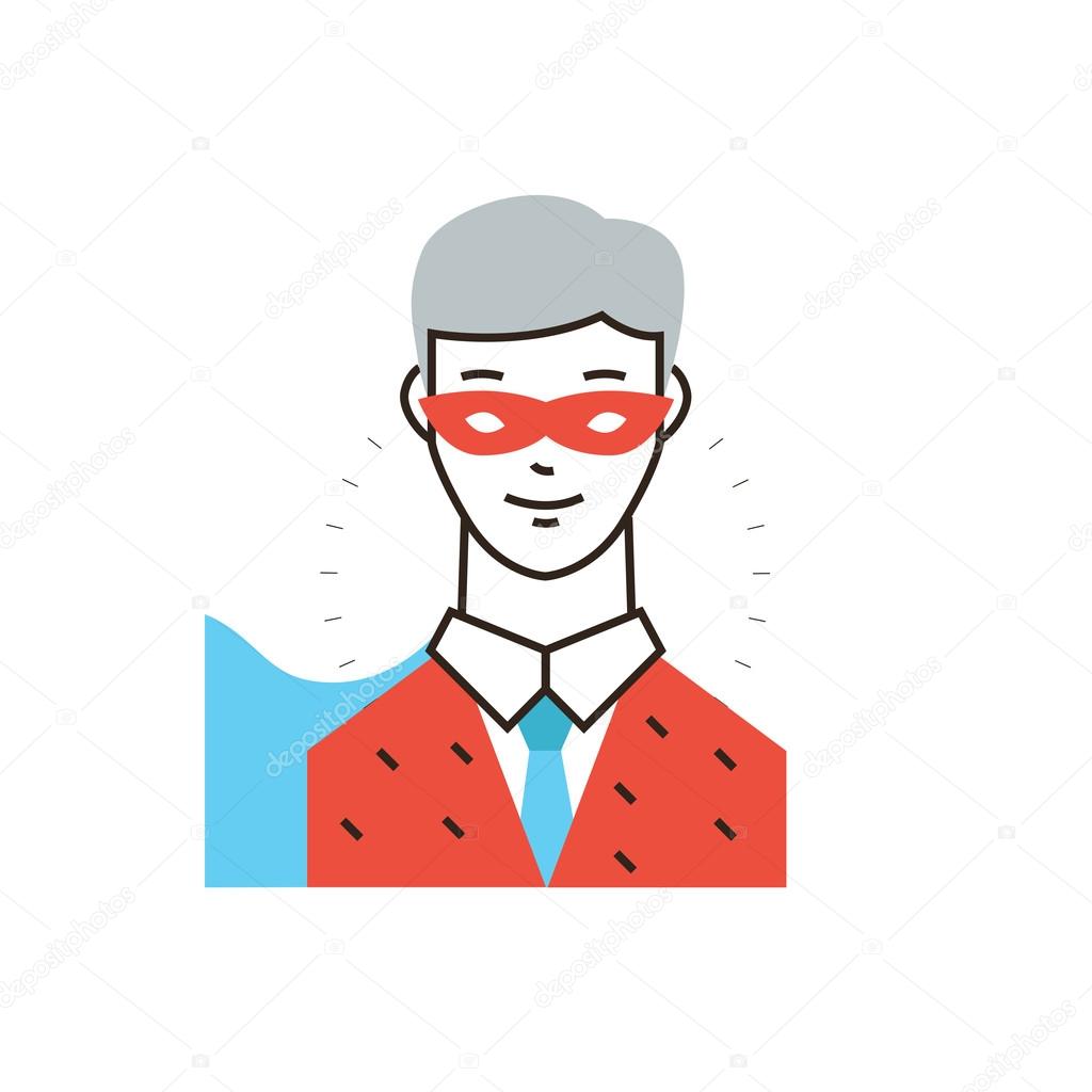Thin line icon with flat design element of businessman superhero, super man in mask, confident business leader, superman hero clothing. Modern style logo vector illustration concept.