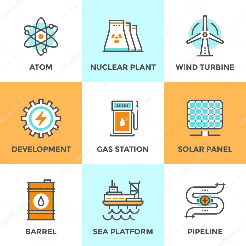 Global energy sources line icons
