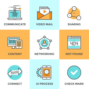 Line icons set with flat design elements of people networking communication, video mail content, user connect arrows, sharing media information. Modern vector logo pictogram collection concept. clipart svg vector 