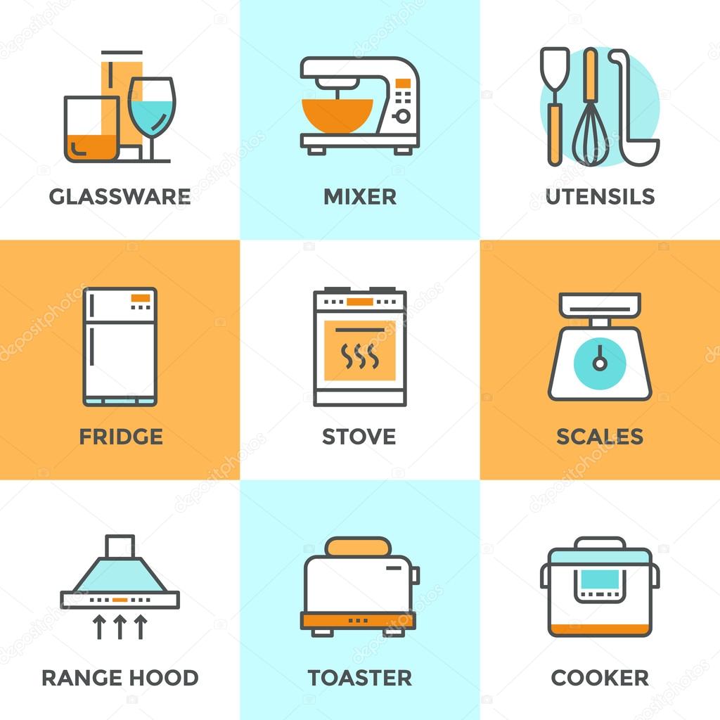 Kitchen appliances line icons set