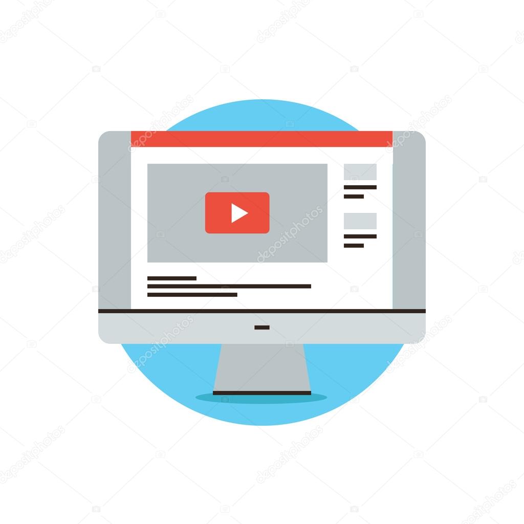 Thin line icon with flat design element of video sharing website, popular media content, movie player, web information, computer monitor screen.