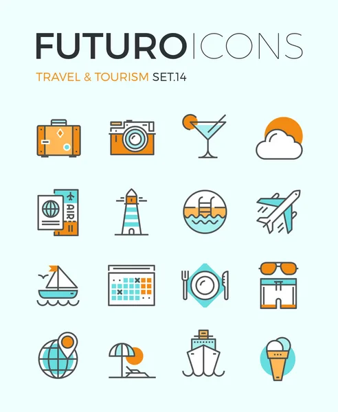 Iconos de línea de viaje y turismo futuro — Vector de stock