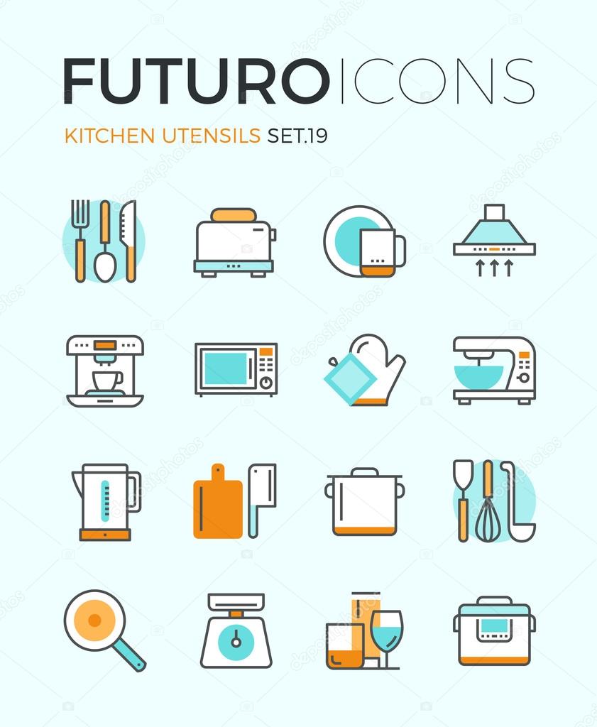 Line icons with flat design elements of kitchen utensils, glassware and cooking appliances, kitchenware for food preparation, cutlery tools. Modern infographic vector logo pictogram collection concept.