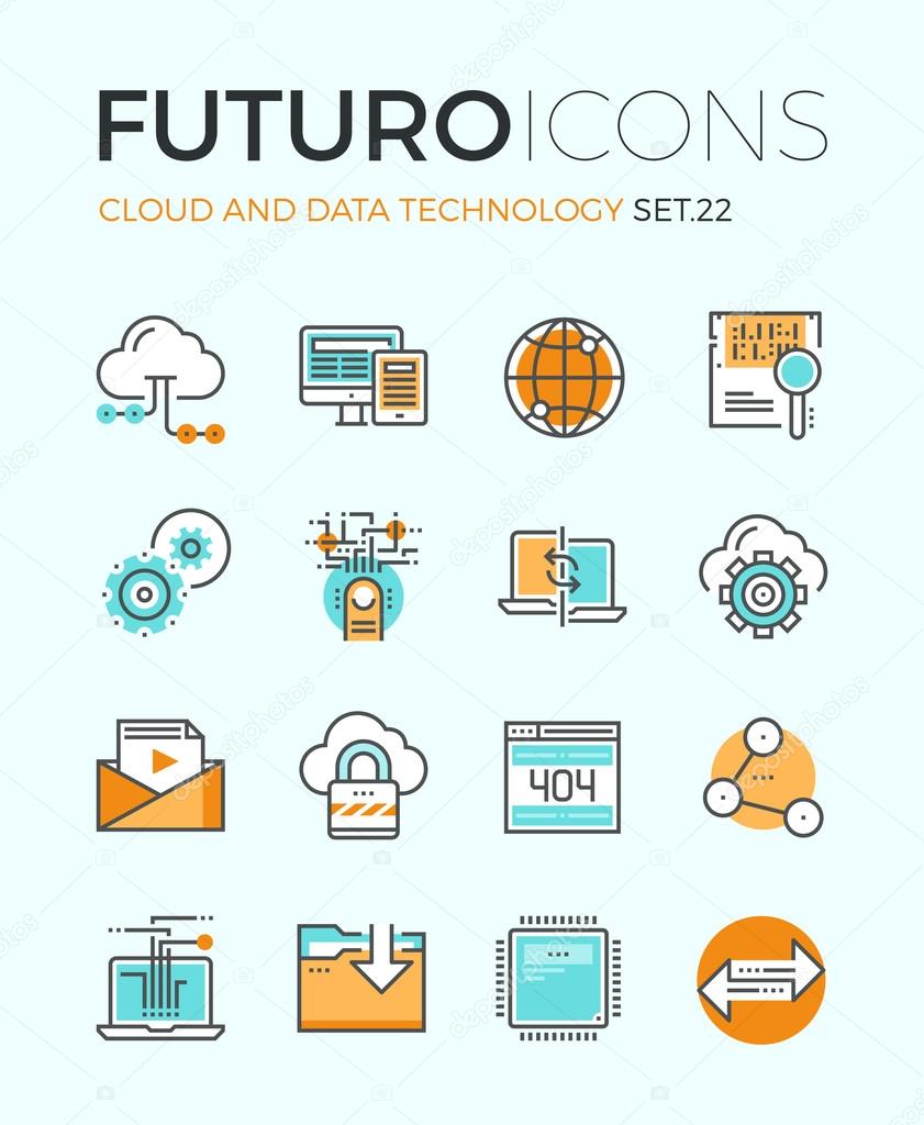Line icons with flat design elements of cloud computing technology, big data analysis, global network connection, computer communication. Modern infographic vector logo pictogram collection concept.