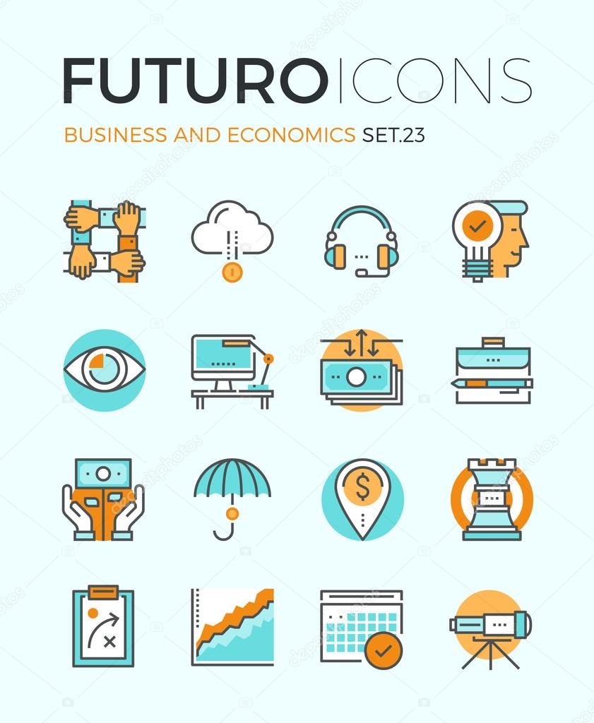Line icons with flat design elements of corporate business economics, global market strategy vision, partnership teamwork organization. Modern infographic vector logo pictogram collection concept.