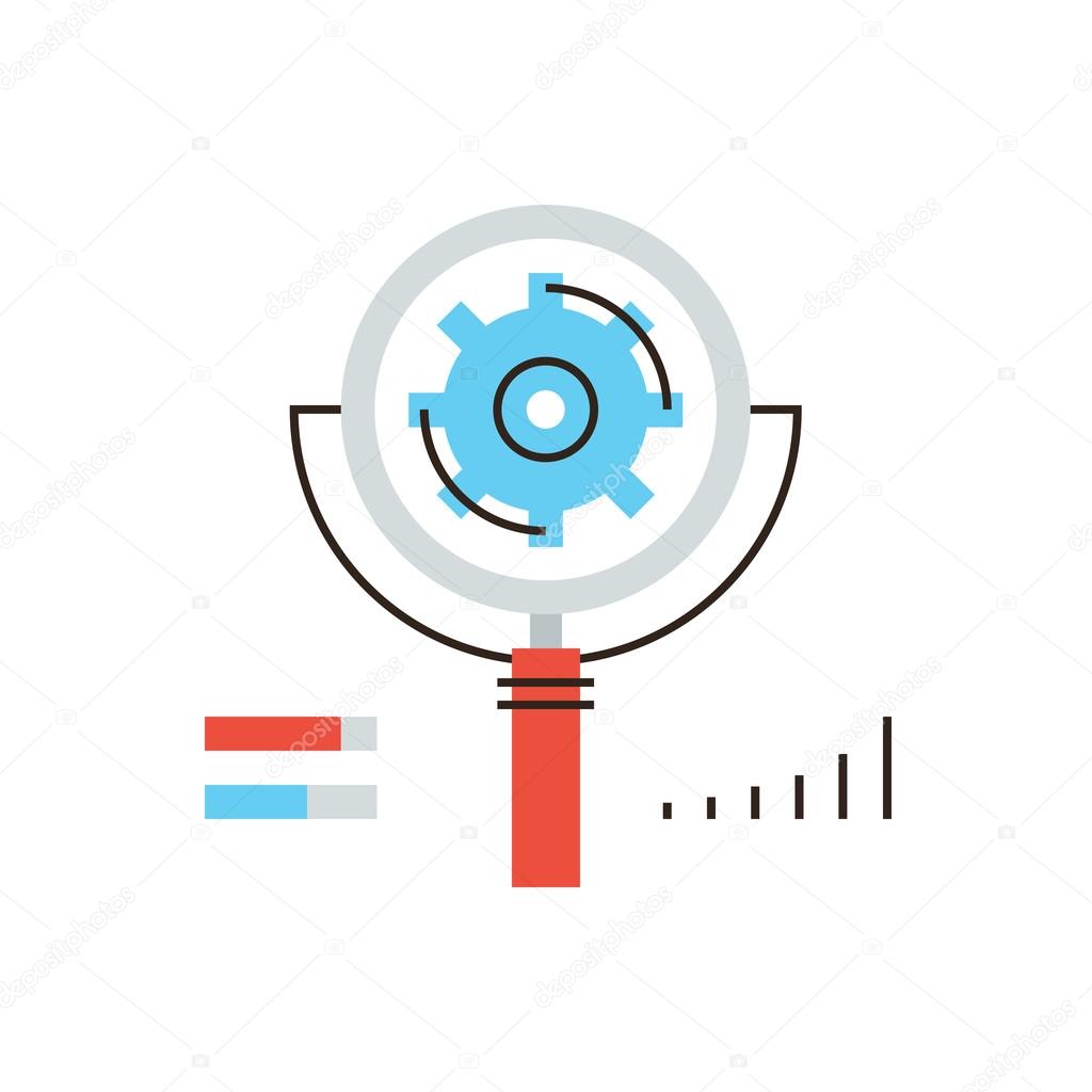 Thin line icon with flat design element of search engine optimization, SEO analysis of website progress, cogwheel working process, web content analyzing. Modern style logo vector illustration concept.