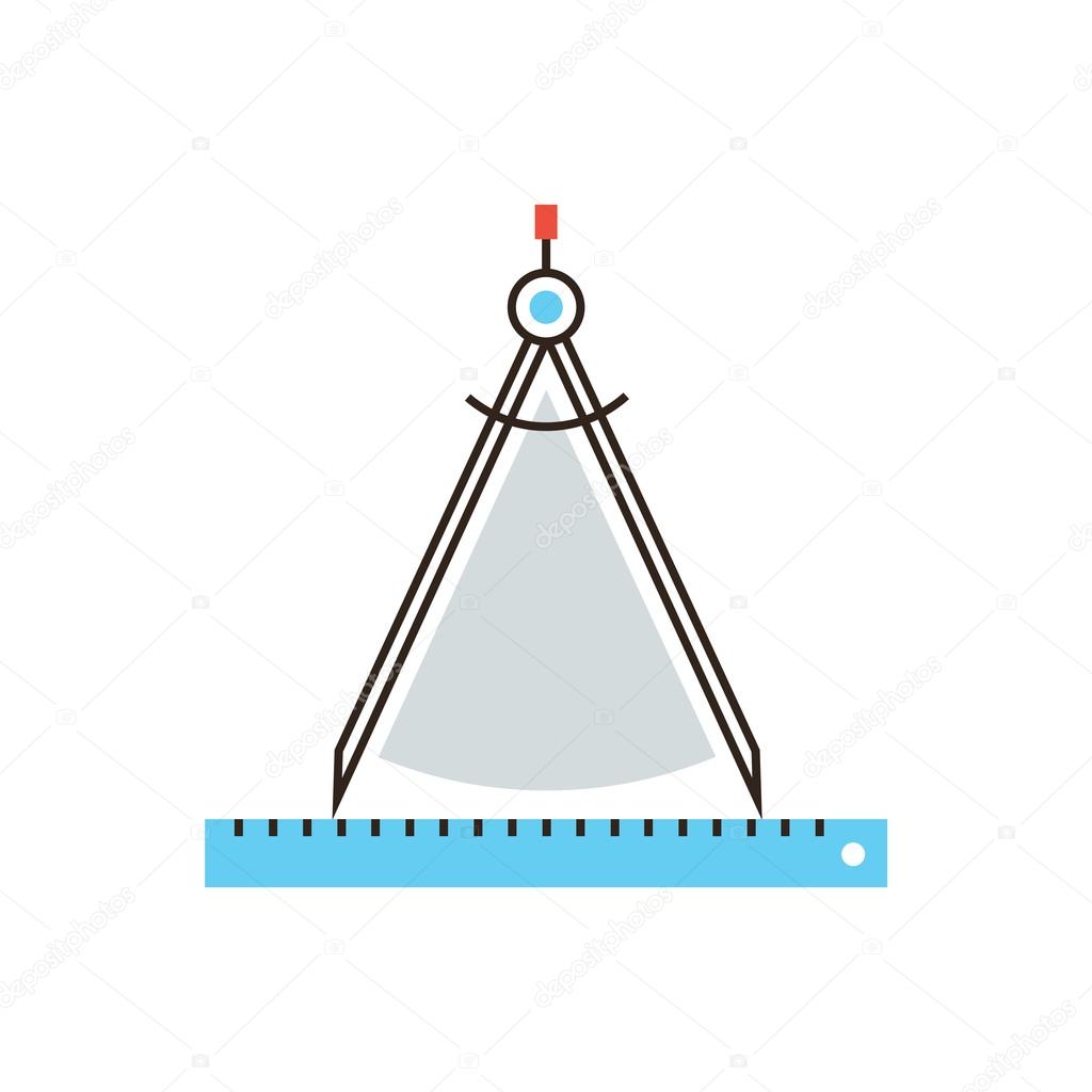 Thin line icon with flat design element of drawing compass gauge, technical tool, work of architect, engineering instrument of measurement. Modern style logo vector illustration concept.