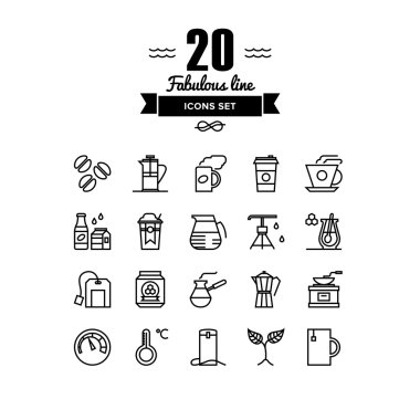 Kahve ve çay yapma öğeleri Icons set hattı