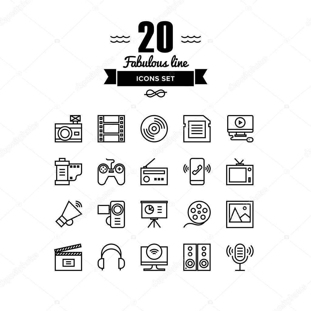 Thin lines icons set of multimedia and presentation objects, audio records, video clips, gaming and various media elements. Modern infographic outline vector design, simple logo pictogram concept.