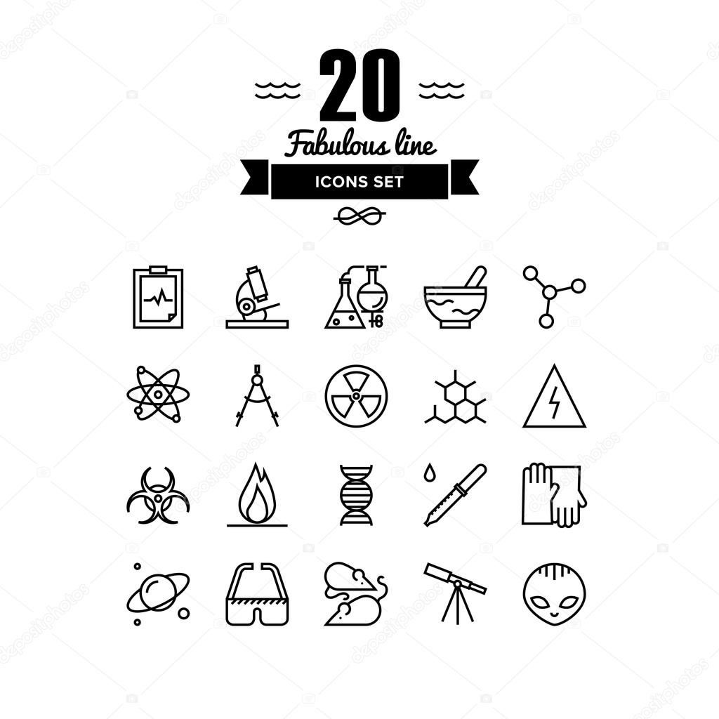 Thin lines icons set of scientific experiments, bio technology genome testing, alien life form hazardous materials research. Modern infographic outline vector design, simple logo pictogram concept.