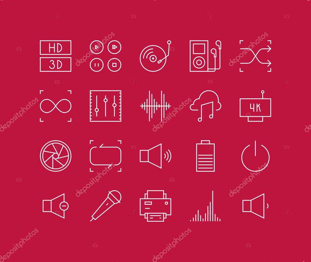 Thin lines icons set of multimedia interface elements, power button, audio and video menu info graphic, media speaker settings. Modern infographic outline vector design, simple logo pictogram concept.