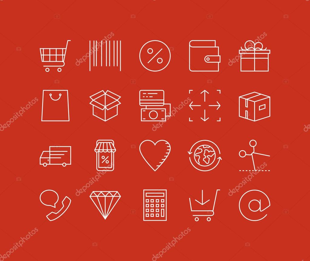Thin lines icons set of internet shopping elements, retail store service, online shopping goods, buying product via internet. Modern infographic outline vector design, simple logo pictogram concept.