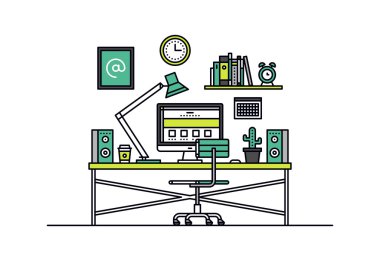 Web designer workplace line style illustration