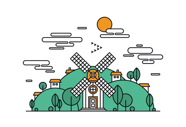 Village landscape line style illustration — Stok Vektör