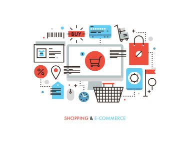 Alışveriş ve e-ticaret düz hat illüstrasyon