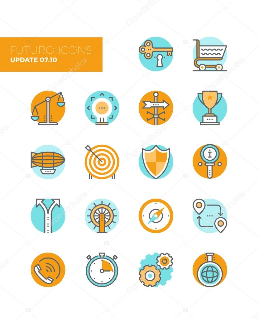 Line icons with flat design elements of business solution symbol, market balance, marketing goal target, key to success, various metaphors. Modern infographic vector logo pictogram collection concept.