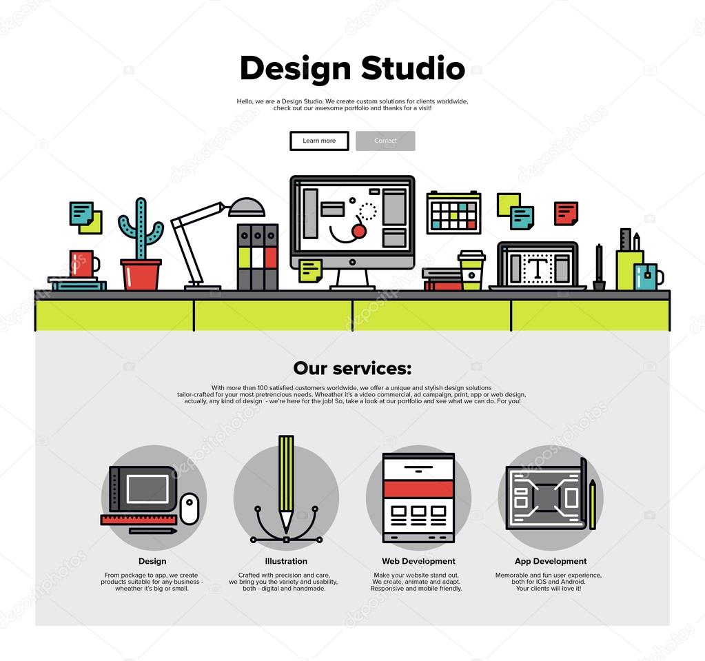 One page web design template with thin line icons of design studio agency services. Digital graphics, web develop and apps prototyping. Flat design graphic hero image concept, website elements layout.