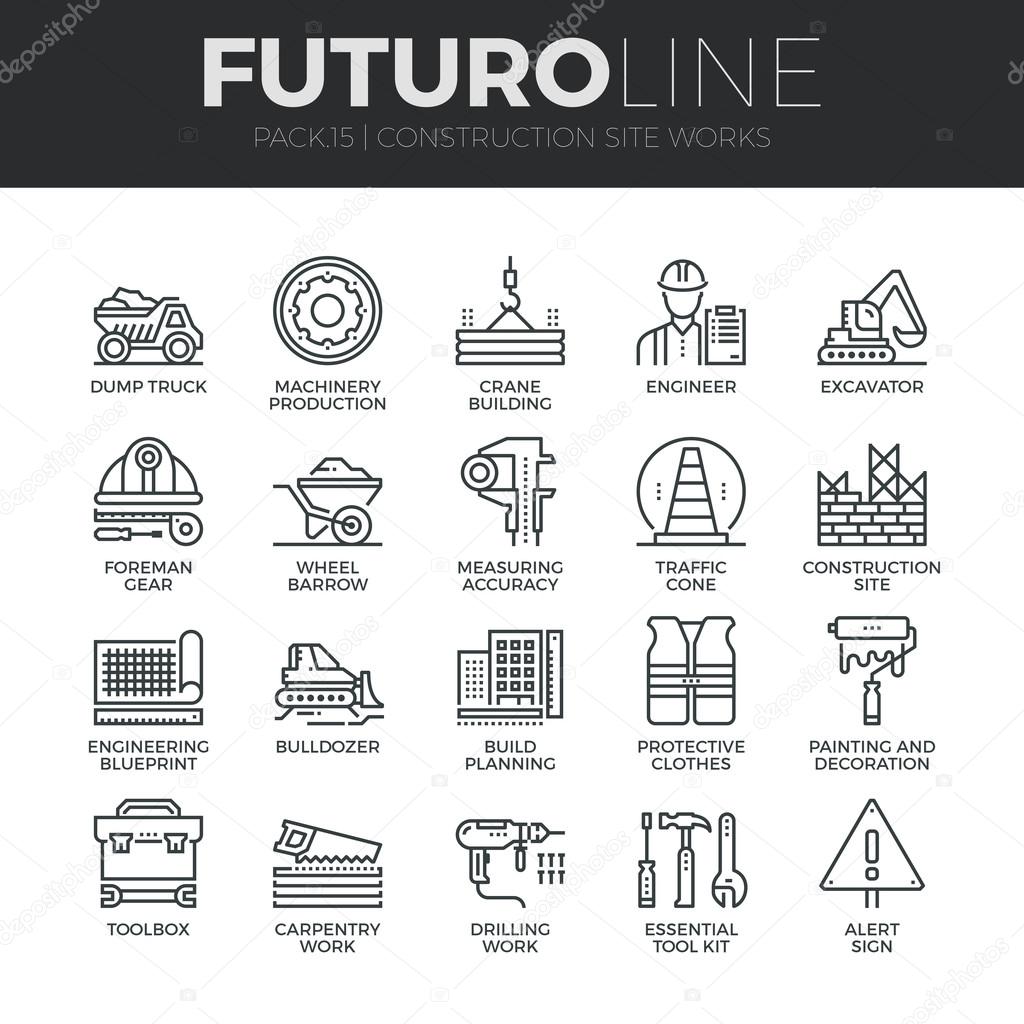 Modern thin line icons set of construction works on site and building tools. Premium quality outline symbol collection. Simple mono linear pictogram pack. Stroke vector logo concept for web graphics.