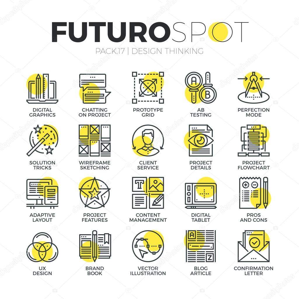 Stroke line icons set of content design production process, usability think.