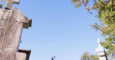 A cemetery with a row of white crosses. The sun is shining on the cemetery, creating a peaceful and somber atmosphere