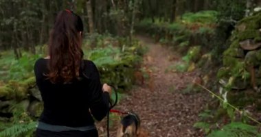 Kadının ve iki köpeğinin eğrelti otlarıyla yemyeşil bir ormanda yürürken çekilmiş bir fotoğrafı. Kadın siyah gömlek ve pantolon giyiyor..