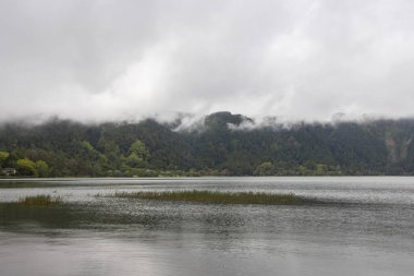 Arkasında bulutlu bir gökyüzü olan bir göl. Su sakin ve hareketsiz. Gökyüzü bulutlu, sahnenin dengesiz ve huzurlu bir atmosferi var.