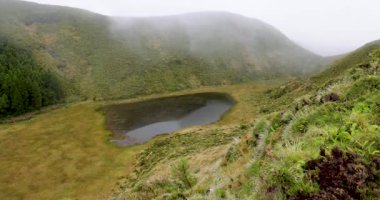 Sisli bir günde, volkanın ortasında çimenli tepe kenarları olan volkanik bir göl. Gökyüzü bulutlu ve atmosfer sakin ve huzurlu. Statik çekim.