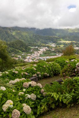 Uzakta bir kasabası olan bir dağ sırası. Kasaba, Furnas, Azores 'te yemyeşil bir bahçe ile çevrilidir.