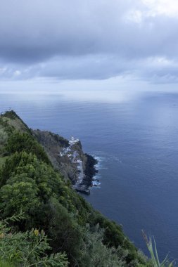 Deniz feneri ve kayalık bir kıyı şeridi olan güzel bir kasaba manzarası. Gökyüzü bulutlu ve su sakin.