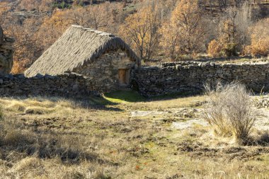 Taş duvarı ve taş çiti olan küçük bir ev. Ev çimen ve ağaçlarla çevrili.