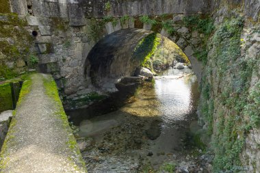 Üzerinde yosun büyüyen bir nehir üzerinde taş bir köprü. Köprü eski ve kırsal bir havası var.