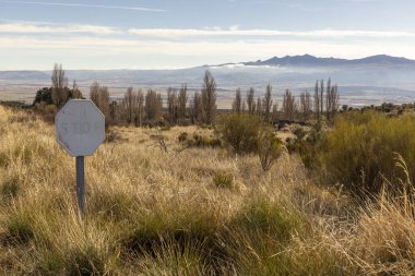 Uzun otların arasında tek başına bir dur tabelası duruyor. Tabela, görünürde başka hiçbir iz veya nesne olmayan çorak bir araziyle çevrilidir. Yalnızlık ve boşluk kavramı