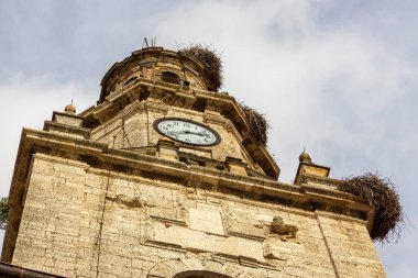 Toro, İspanya 'da saat yüzlü ve kuş yuvalı bir saat kulesi. Güneşli bir gün..