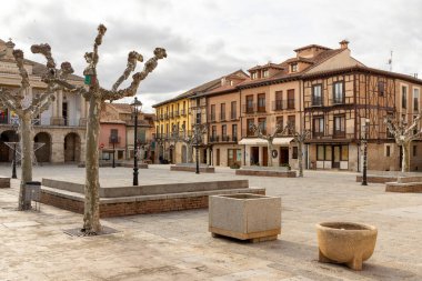 Toro, İspanya, 10 Aralık 2025: Birkaç ağaç ve birkaç bank olan küçük bir kasaba meydanı. Binalar eski ve gökyüzü bulutlu