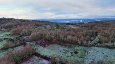 Uzakta ağaçlar ve şehirle karlı bir arazide uçan bir dron. Gökyüzü bulutlu ve İspanya, Orense 'de ağaçlar çıplak..