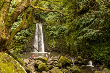 Sao Miguel, Azores, Portekiz, 8 Ekim 2025: Bir grup insan yemyeşil bir ormandaki bir şelalenin etrafında toplandı. Su kristal gibi berrak.